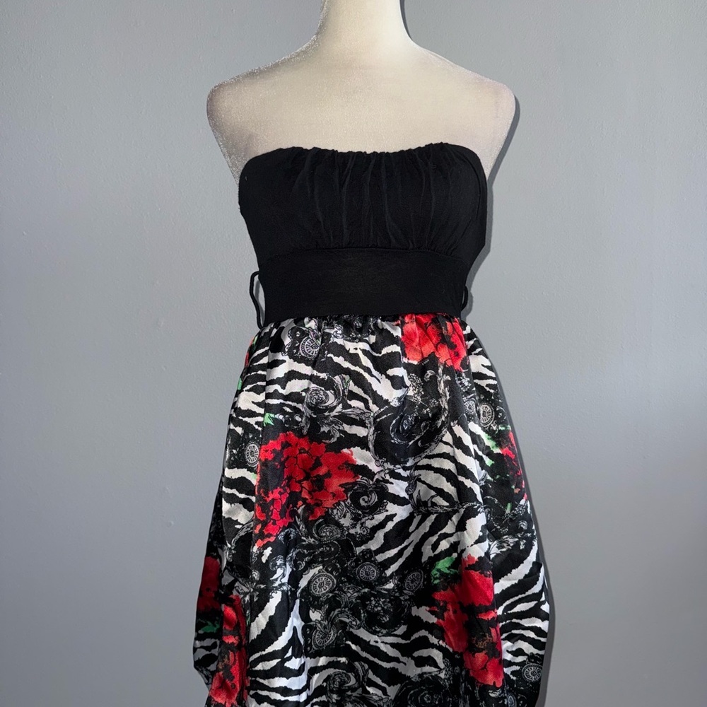 Body Central Black Strapless Dress with Red Floral & Zebra Skirt